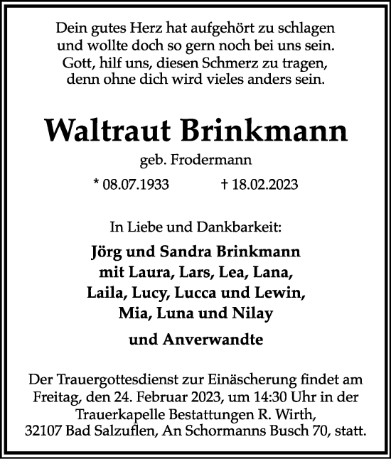 Anzeige  Waltraut Brinkmann  Lippische Landes-Zeitung