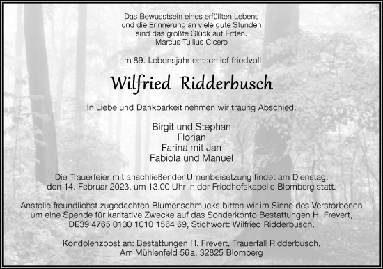 Anzeige  Wilfried Ridderbusch  Lippische Landes-Zeitung