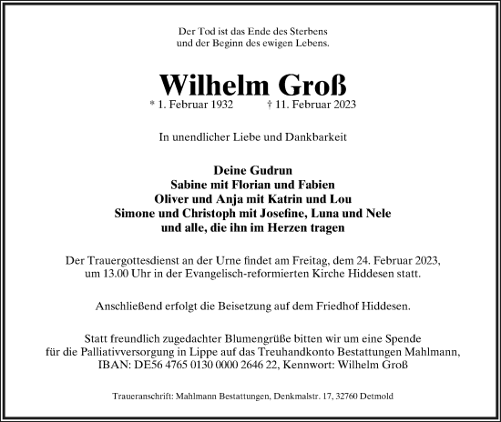 Anzeige  Wilhelm Groß  Lippische Landes-Zeitung