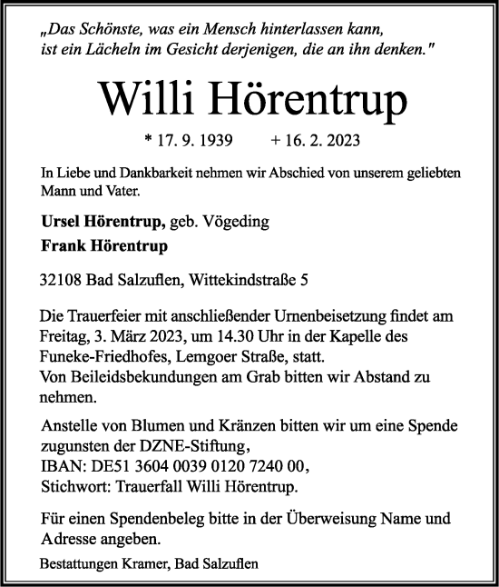Anzeige  Willi Hörentrup  Lippische Landes-Zeitung