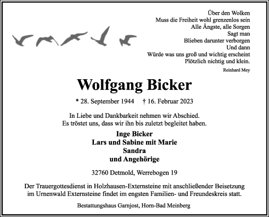 Anzeige  Wolfgang Bicker  Lippische Landes-Zeitung