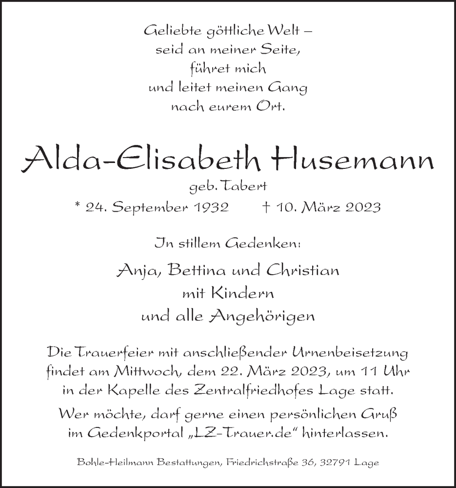  Traueranzeige für Alda-Elisabeth Husemann vom 18.03.2023 aus Lippische Landes-Zeitung