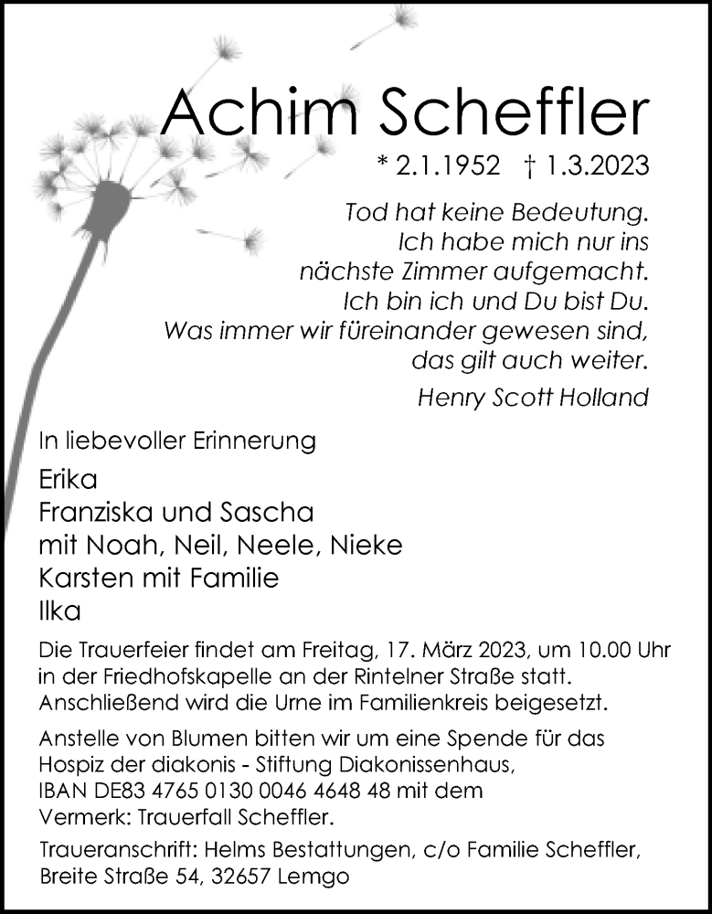  Traueranzeige für Achim Scheffler vom 11.03.2023 aus Lippische Landes-Zeitung