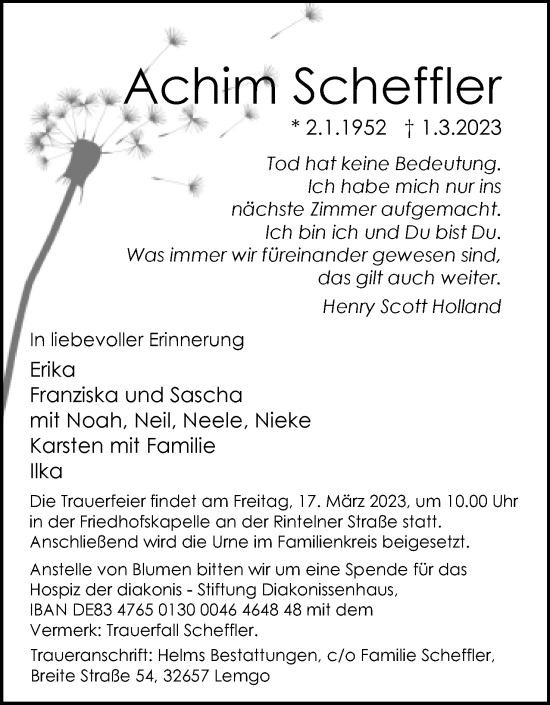 Anzeige  Achim Scheffler  Lippische Landes-Zeitung