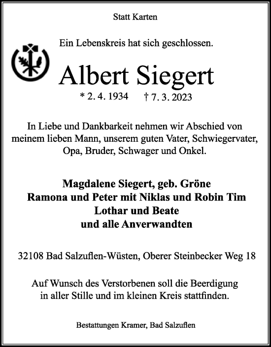 Anzeige  Albert Siegert  Lippische Landes-Zeitung