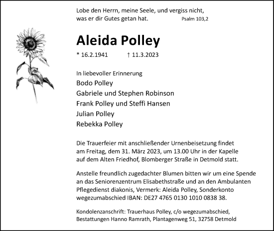 Anzeige  Aleida Polley  Lippische Landes-Zeitung