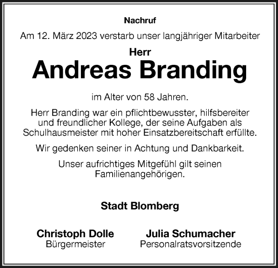 Anzeige  Andreas Branding  Lippische Landes-Zeitung