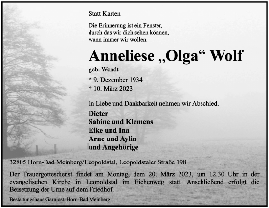 Anzeige  Anneliese  Wolf  Lippische Landes-Zeitung