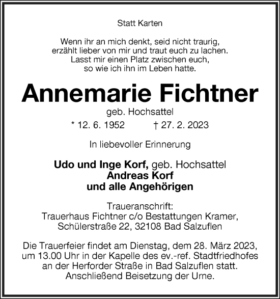 Anzeige  Annemarie Fichtner  Lippische Landes-Zeitung