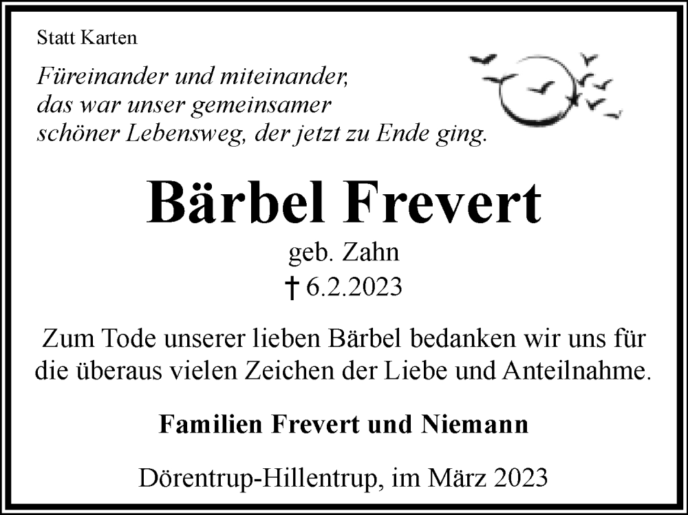  Traueranzeige für Bärbel Frevert vom 04.03.2023 aus Lippische Landes-Zeitung