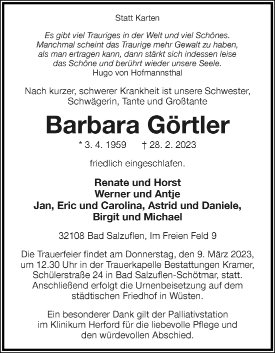 Anzeige  Barbara Görtler  Lippische Landes-Zeitung