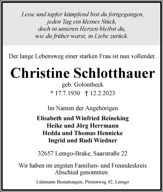 Anzeige  Christine Schlotthauer  Lippische Landes-Zeitung