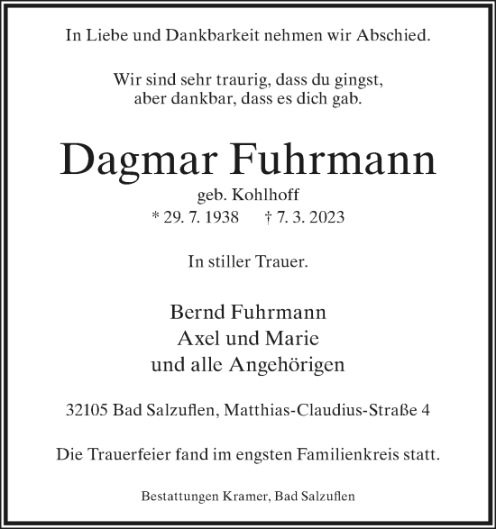 Anzeige  Dagmar Fuhrmann  Lippische Landes-Zeitung