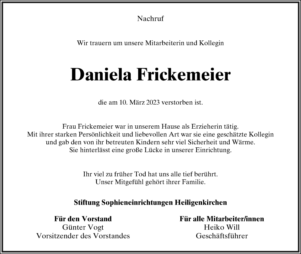  Traueranzeige für Daniela Frickemeier vom 18.03.2023 aus Lippische Landes-Zeitung