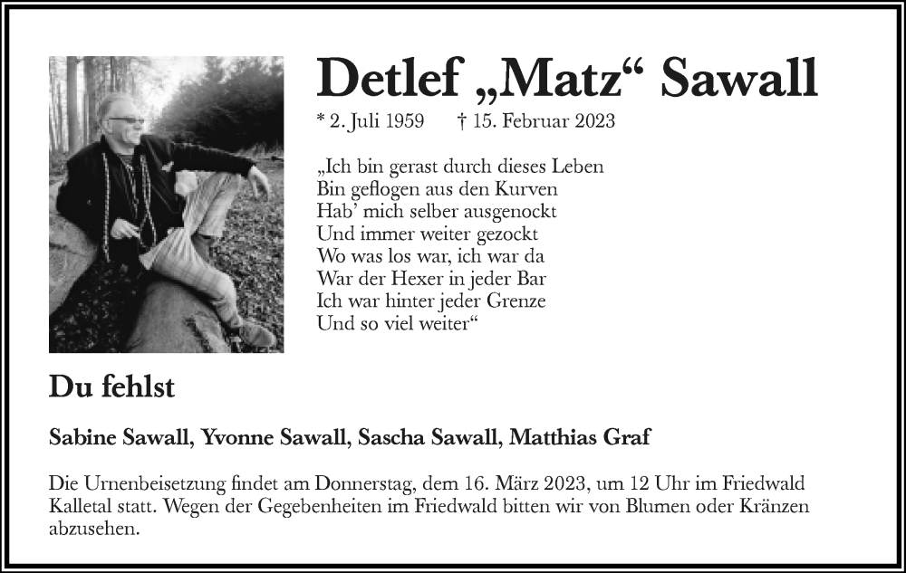  Traueranzeige für Detlef Sawall vom 04.03.2023 aus Lippische Landes-Zeitung