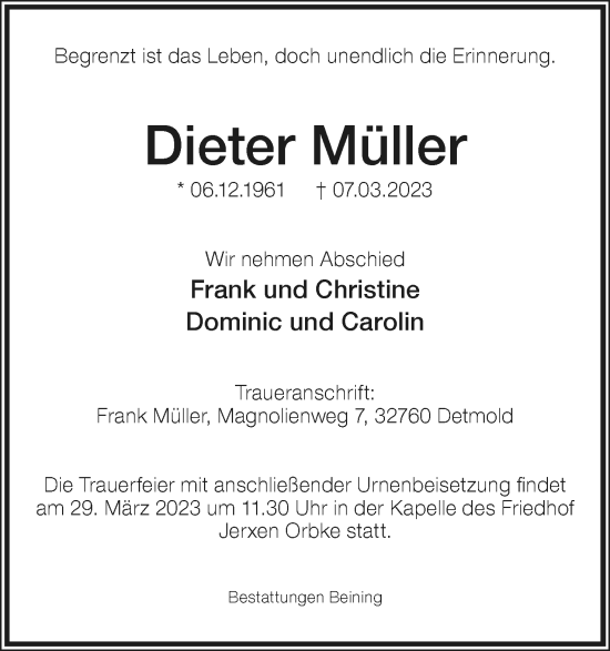 Anzeige  Dieter Müller  Lippische Landes-Zeitung