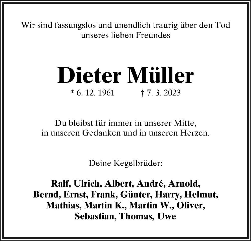  Traueranzeige für Dieter Müller vom 18.03.2023 aus Lippische Landes-Zeitung