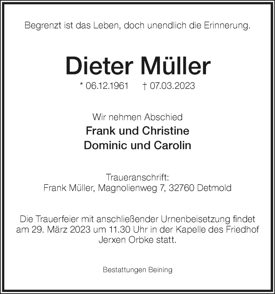  Traueranzeige für Dieter Müller vom 18.03.2023 aus Lippische Landes-Zeitung