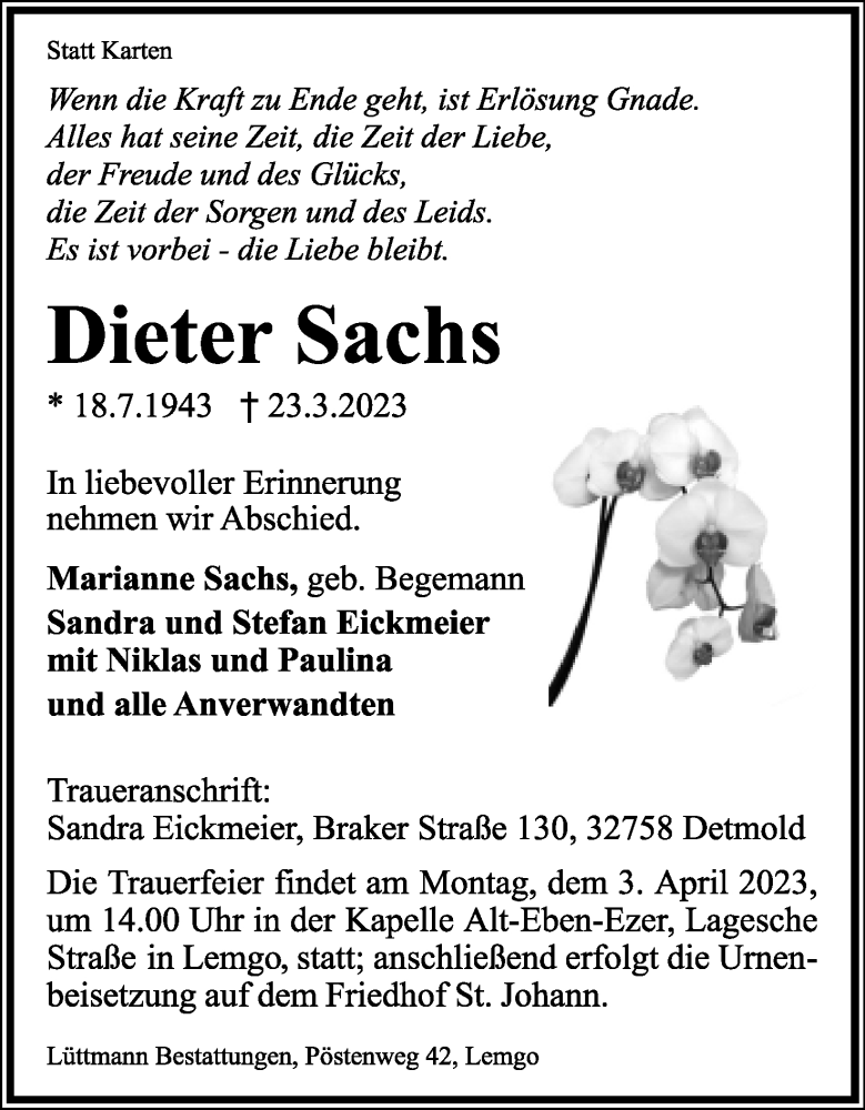  Traueranzeige für Dieter Sachs vom 25.03.2023 aus Lippische Landes-Zeitung