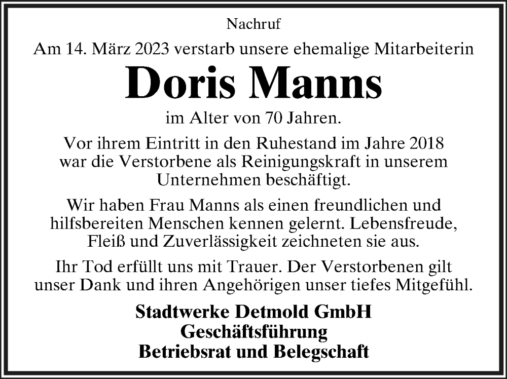  Traueranzeige für Doris Manns vom 22.03.2023 aus Lippische Landes-Zeitung