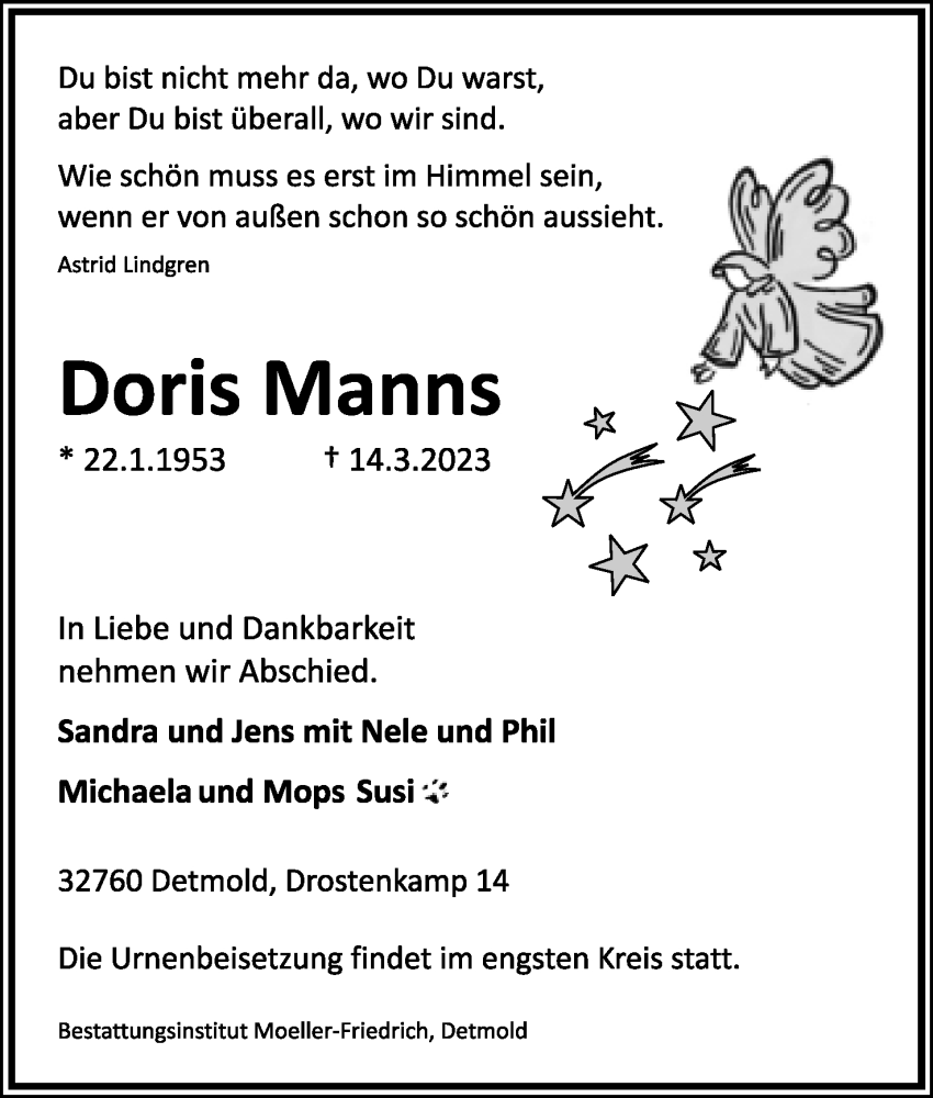  Traueranzeige für Doris Manns vom 18.03.2023 aus Lippische Landes-Zeitung