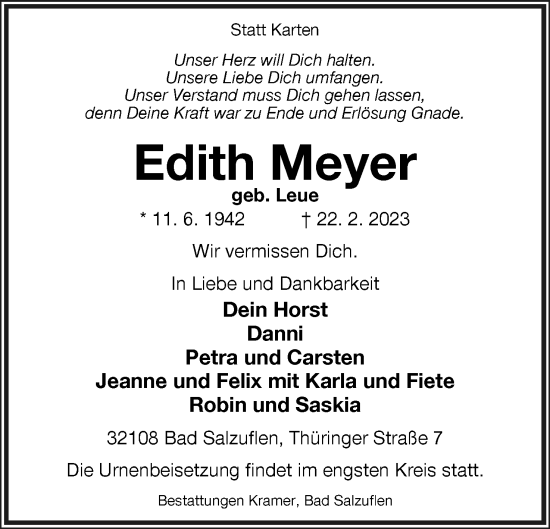 Anzeige  Edith Meyer  Lippische Landes-Zeitung