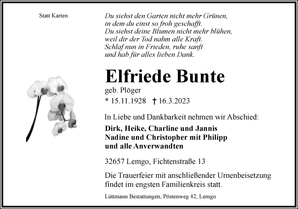  Traueranzeige für Elfriede Bunte vom 18.03.2023 aus Lippische Landes-Zeitung