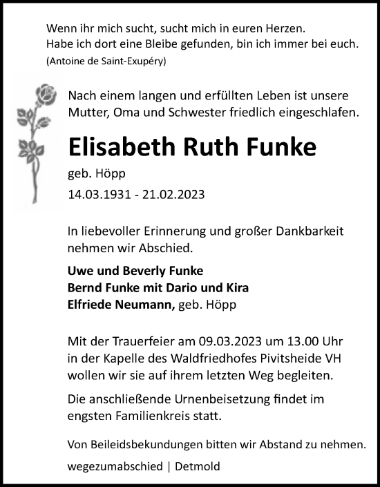 Anzeige  Elisabeth Ruth Funke  Lippische Landes-Zeitung