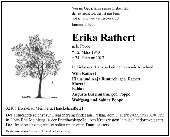 Anzeige  Erika Rathert  Lippische Landes-Zeitung