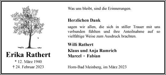 Anzeige  Erika Rathert  Lippische Landes-Zeitung