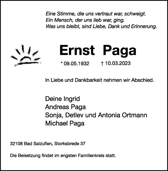 Anzeige  Ernst Paga  Lippische Landes-Zeitung