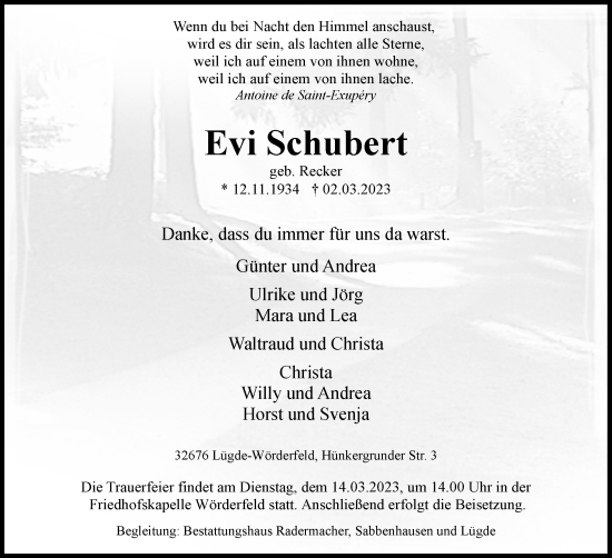 Anzeige  Evi Schubert  Lippische Landes-Zeitung