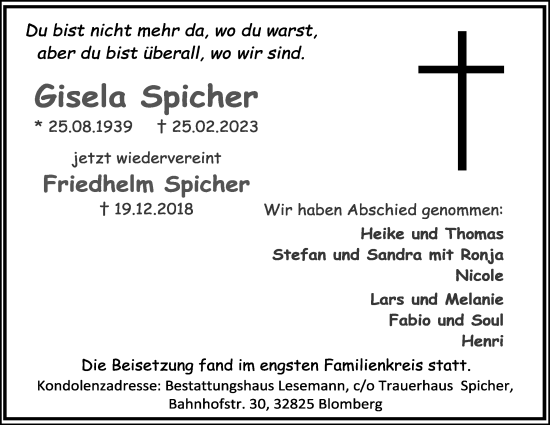 Anzeige  Friedhelm Spicher  Lippische Landes-Zeitung
