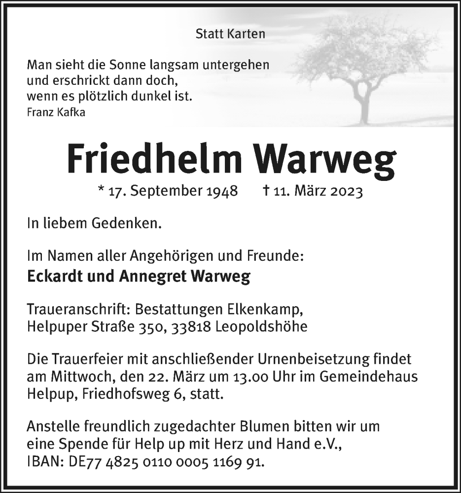  Traueranzeige für Friedhelm Warweg vom 16.03.2023 aus Lippische Landes-Zeitung