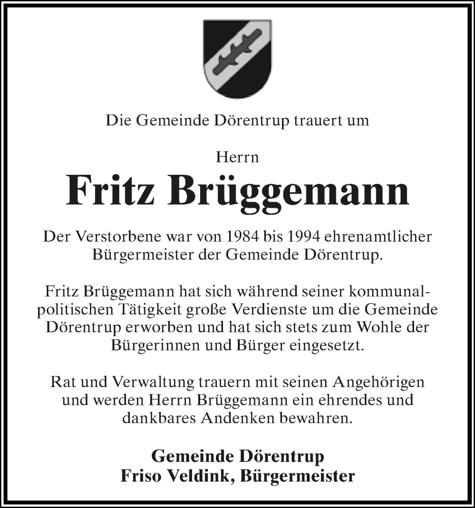  Traueranzeige für Fritz Brüggemann vom 22.03.2023 aus Lippische Landes-Zeitung