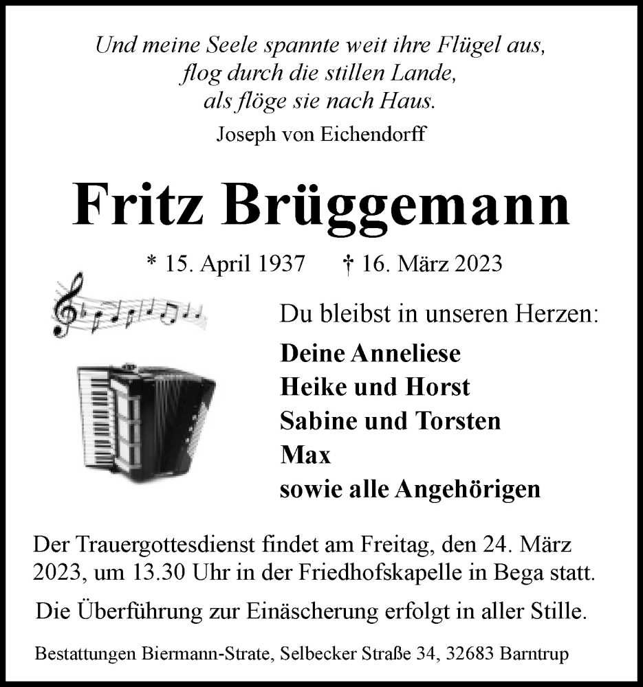  Traueranzeige für Fritz Brüggemann vom 18.03.2023 aus Lippische Landes-Zeitung