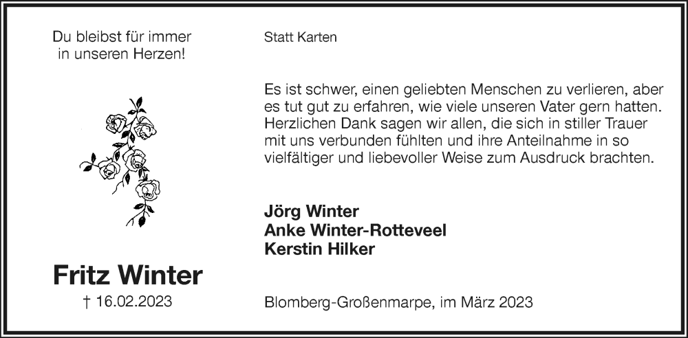  Traueranzeige für Fritz Winter vom 25.03.2023 aus Lippische Landes-Zeitung