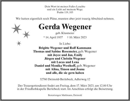 Anzeige  Gerda Wegener  Lippische Landes-Zeitung