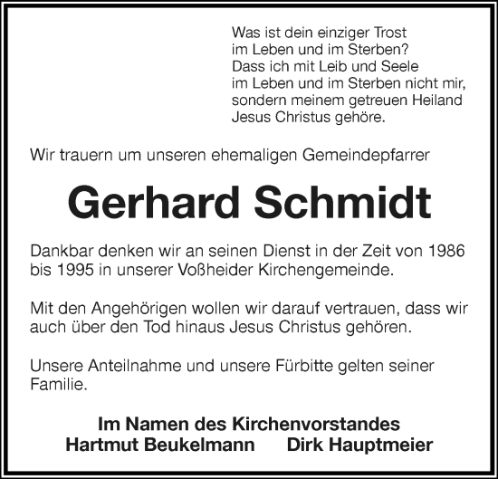 Anzeige  Gerhard Schmidt  Lippische Landes-Zeitung