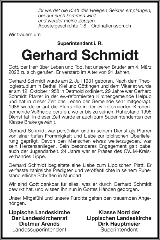 Anzeige  Gerhard Schmidt  Lippische Landes-Zeitung