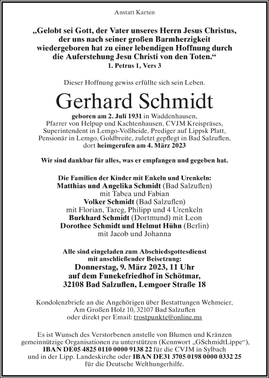 Anzeige  Gerhard Schmidt  Lippische Landes-Zeitung