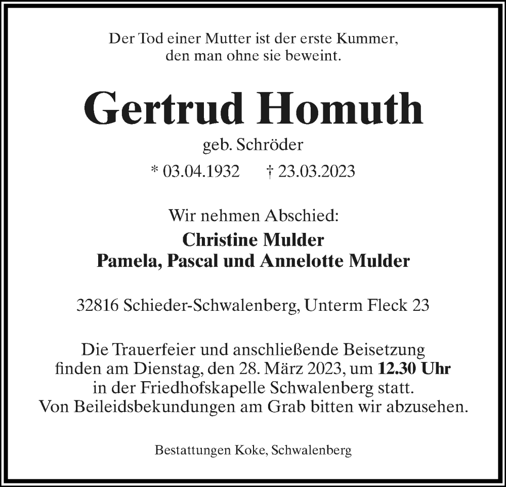  Traueranzeige für Gertrud Homuth vom 25.03.2023 aus Lippische Landes-Zeitung