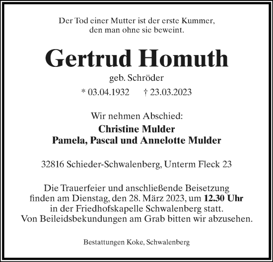 Anzeige  Gertrud Homuth  Lippische Landes-Zeitung