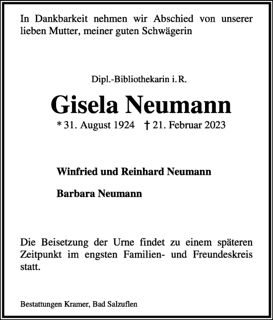 Anzeige  Gisela Neumann  Lippische Landes-Zeitung