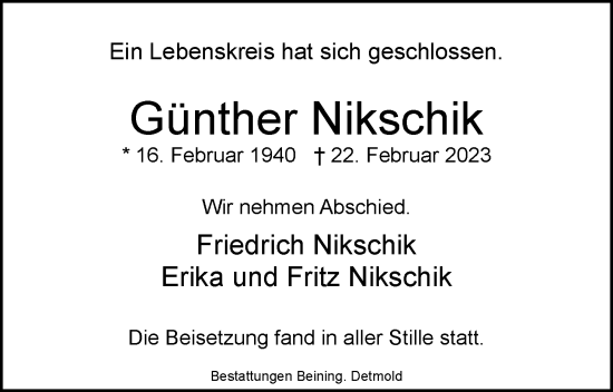 Anzeige  Günther Nikschik  Lippische Landes-Zeitung