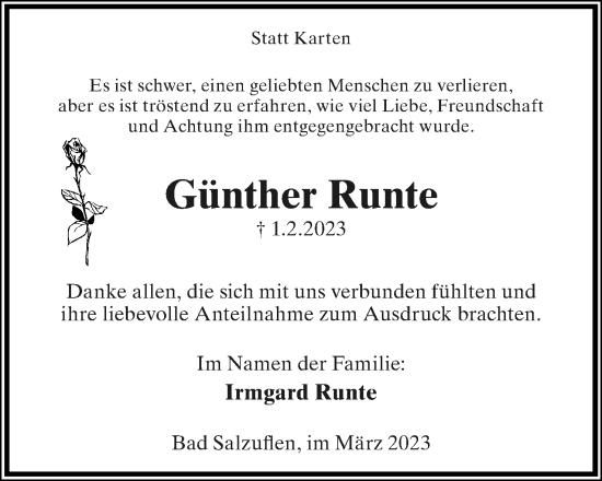 Anzeige  Günther Runte  Lippische Landes-Zeitung