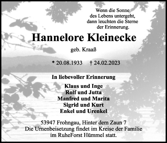 Anzeige  Hannelore Kleinecke  Lippische Landes-Zeitung