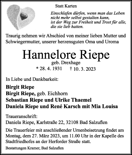 Anzeige  Hannelore Riepe  Lippische Landes-Zeitung