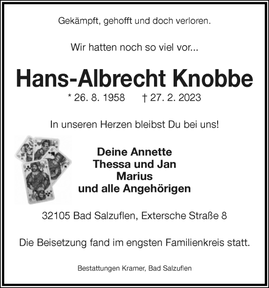 Anzeige  Hans-Albrecht Knobbe  Lippische Landes-Zeitung