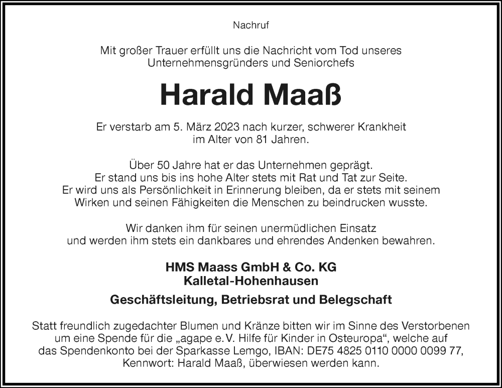  Traueranzeige für Harald Maaß vom 08.03.2023 aus Lippische Landes-Zeitung